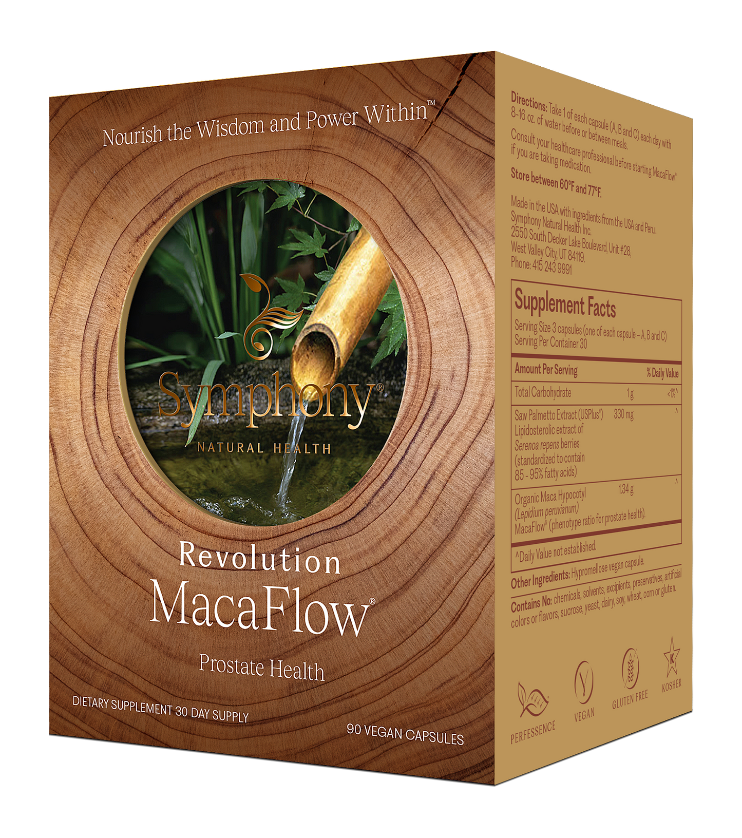 Supplement box for Revolution MacaFlow by Symphony Natural Health on a white background