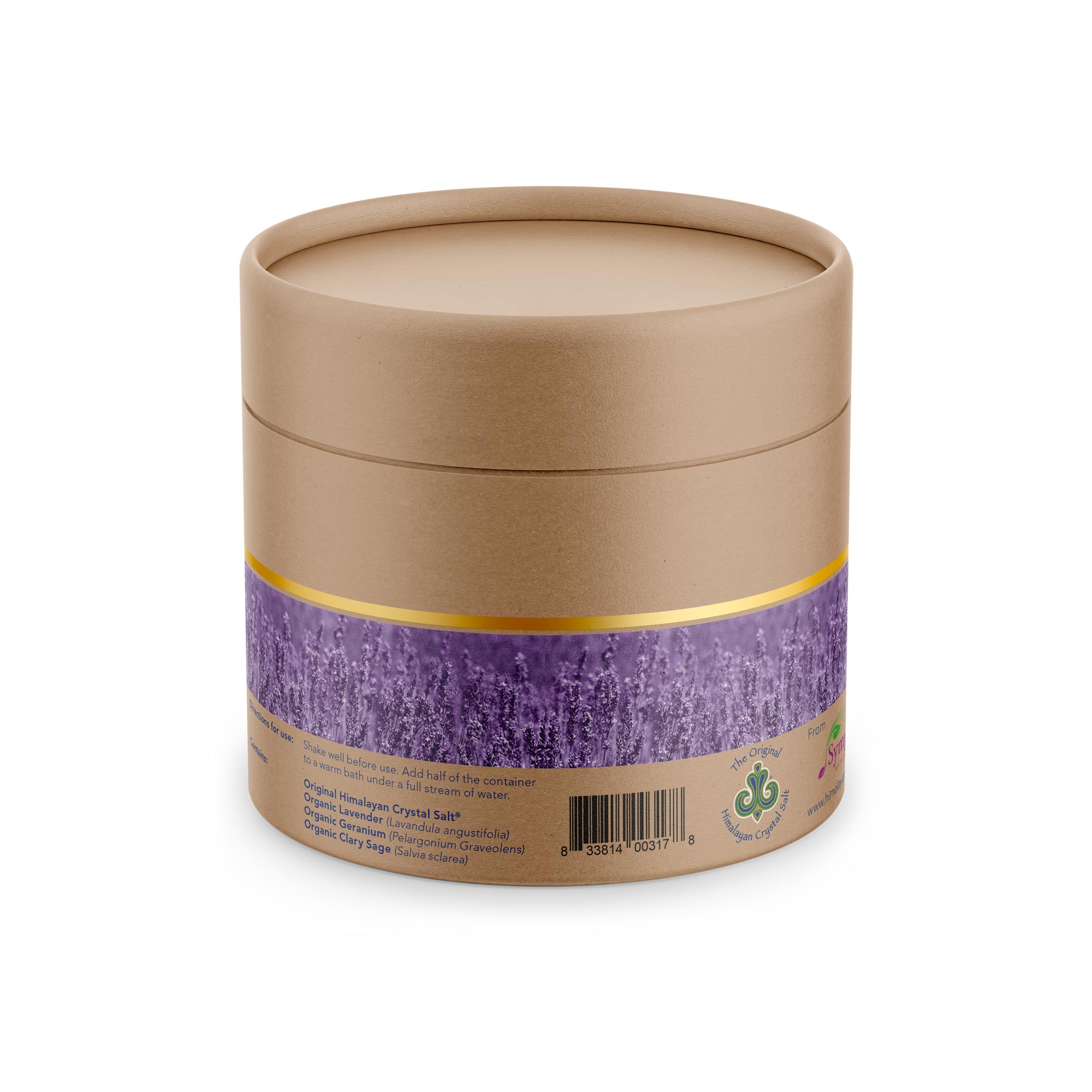 Menopause Bath Salts back of tan product box with bands of gold and lavender flowers featuring Himalayan Crystal Salt logo