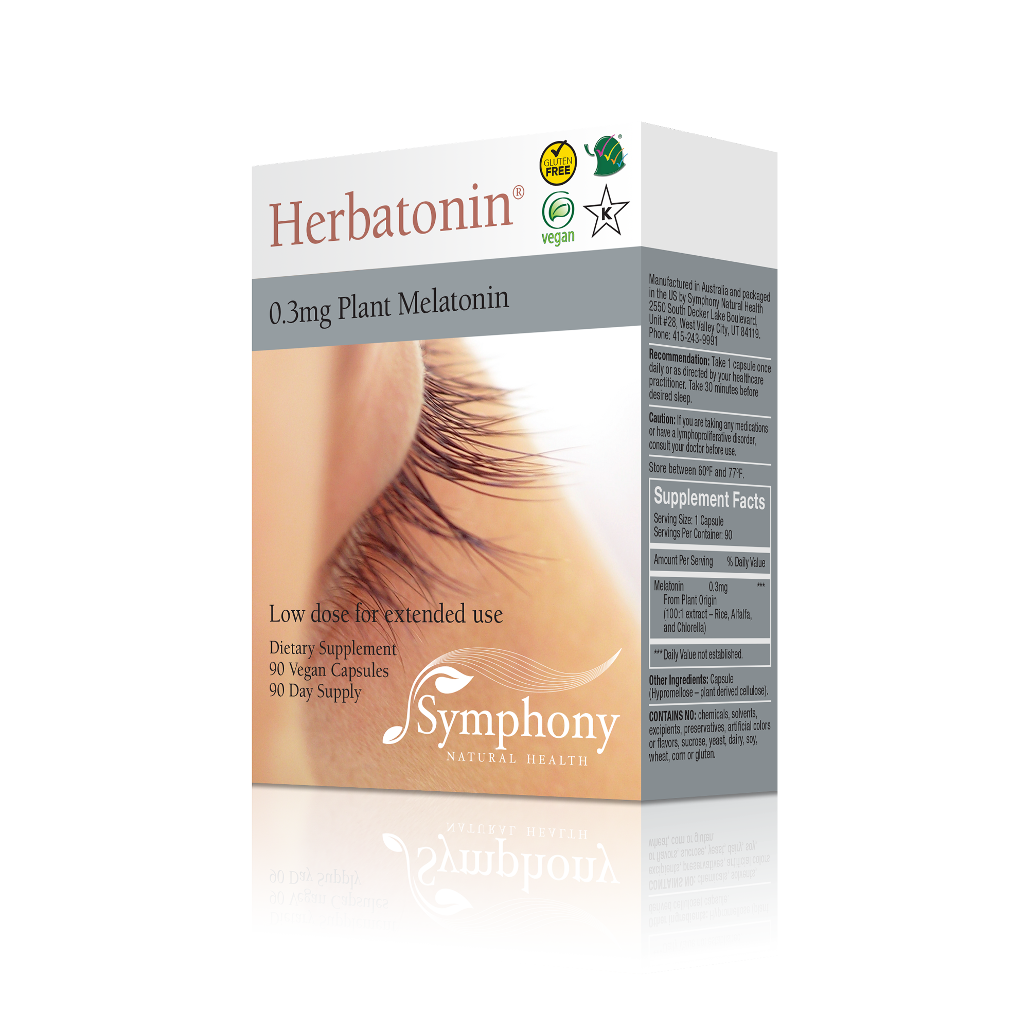 Herbatonin 0.3mg left-facing front and side of two product boxes on black background Herbatonin brown logo on white background, low dose for extended use, white female face cropped showing closed eyelid, gluten free, vegan and Kosher logos, symphony logo, recommendation, caution, supplement facts, manufactured in Australia