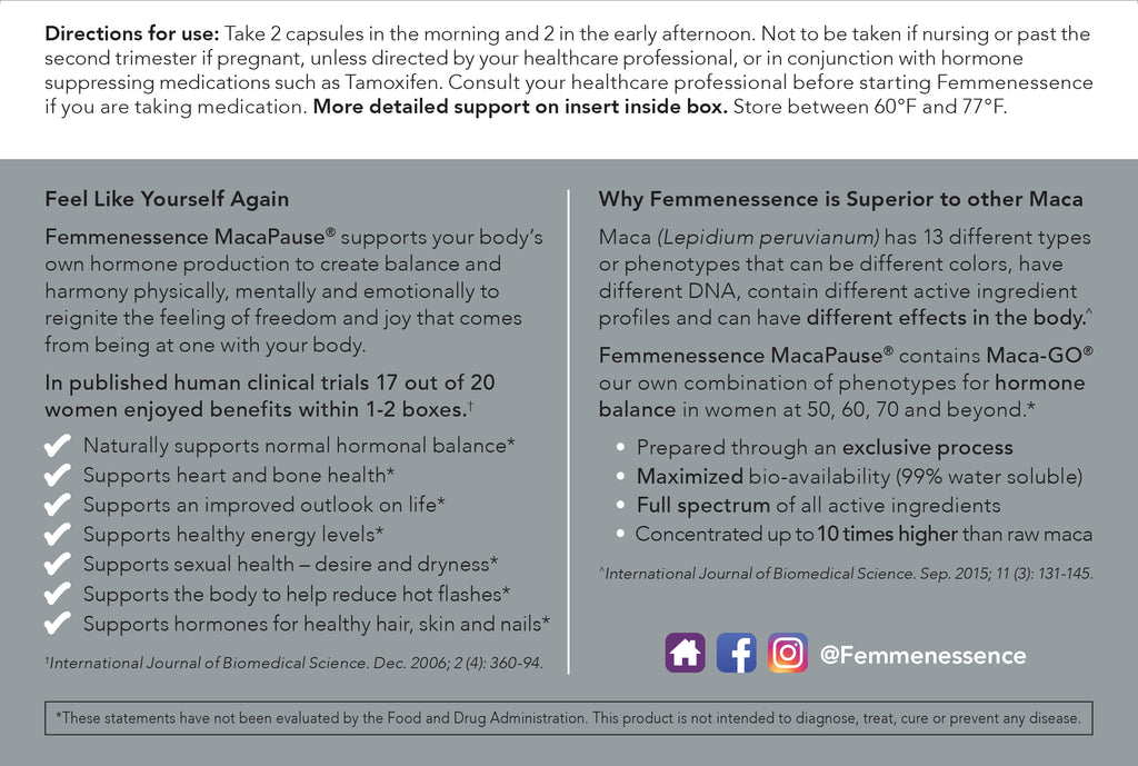 Femmenessence MacaPause <br>For Post Menopause back product box directions for use, black text on whte and gray background, facebook logo, instagram logo with more detailed support in insert inside of box, store between 60°F and 77°F