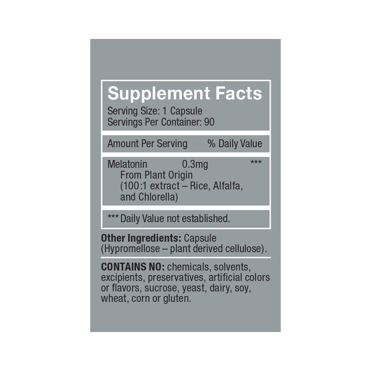 Herbatonin 0.3mg<br>2-Pack side panel product box supplement facts, white/black text on dark gray background: Serving size 1 capsule, servings per container 90, melatonin 0.3mg from plant origin (100:1 extract rice, alfalfa, and chlorella), other ingredient is capsule (hypromellose-plant derived cellulose), contains no chemicals, solvents, excipients, preservatives, artificial colors or flavors, sucrose, yeast, dairy, soy, wheat, corn or gluten
