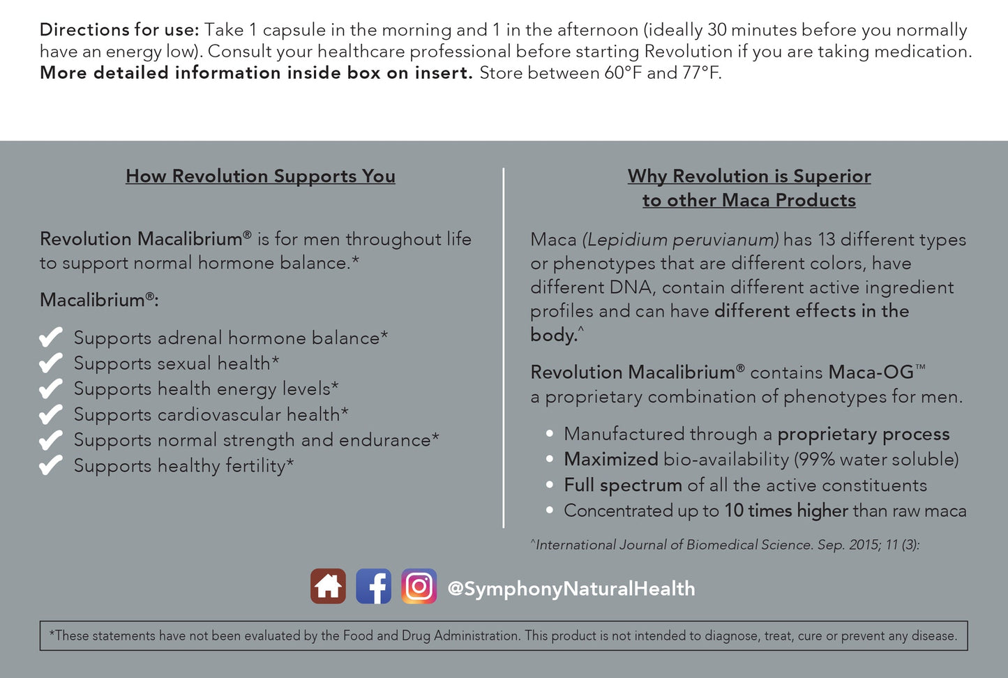 Revolution Macalibrium back product box directions for use, black text on white and gray background, facebook logo, instagram logo with more detailed support in insert inside of box, store between 60°F and 77°F
