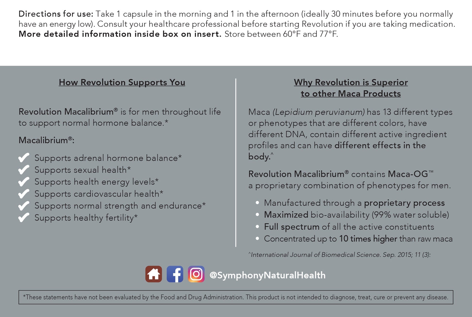 Revolution Macalibrium back product box directions for use, black text on white and gray background, facebook logo, instagram logo with more detailed support in insert inside of box, store between 60°F and 77°F
