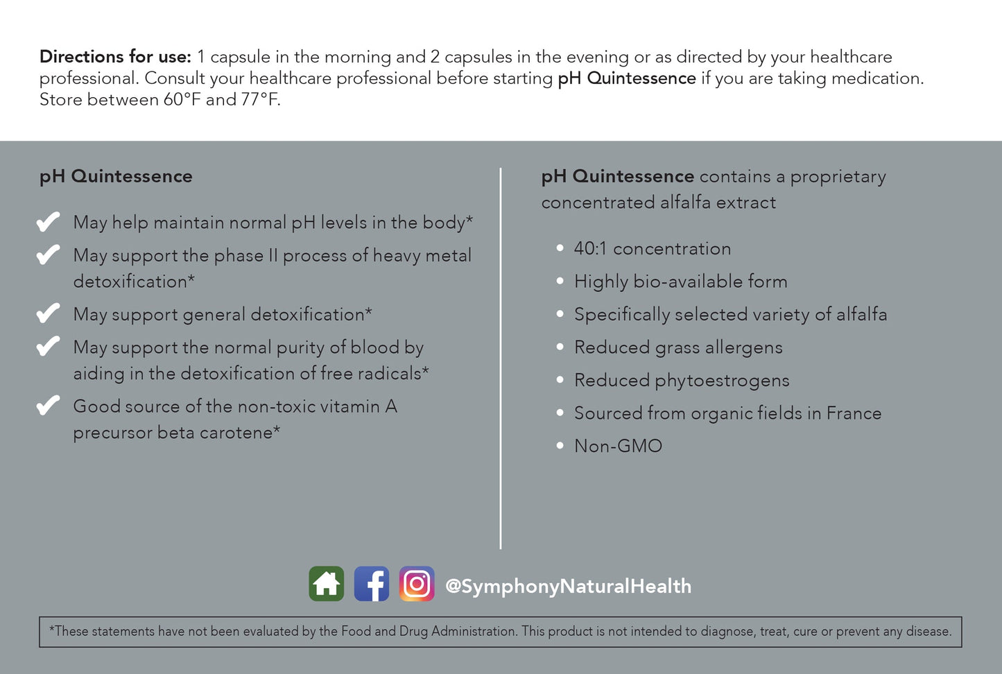 pH Quintessence back product box directions for use, black text on white and gray background, facebook logo, instagram logo with more detailed support in insert inside of box, store between 60°F and 77°F
