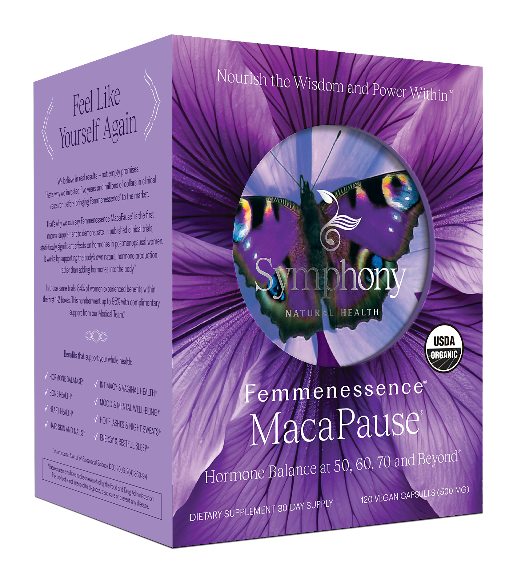 Box of Symphony Natural Health's Femmenessence MacaPause dietary supplement