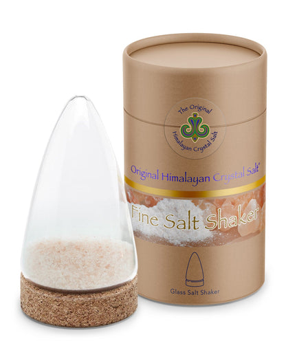 Fine Salt Shaker pointed cylindrical clear glass shaker, filled with Himalayan  crystal salt, has cork base, and cylindrical light brown box featuring The Original Himalayan Crystal Salt logo, on white background