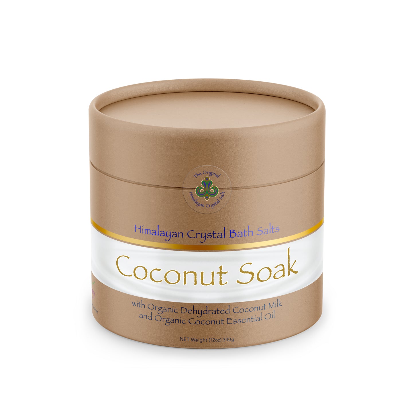 Coconut Soak front of tan cylindrical box with gold and white bands featuring Himalayan Crystal Salt logo on white background