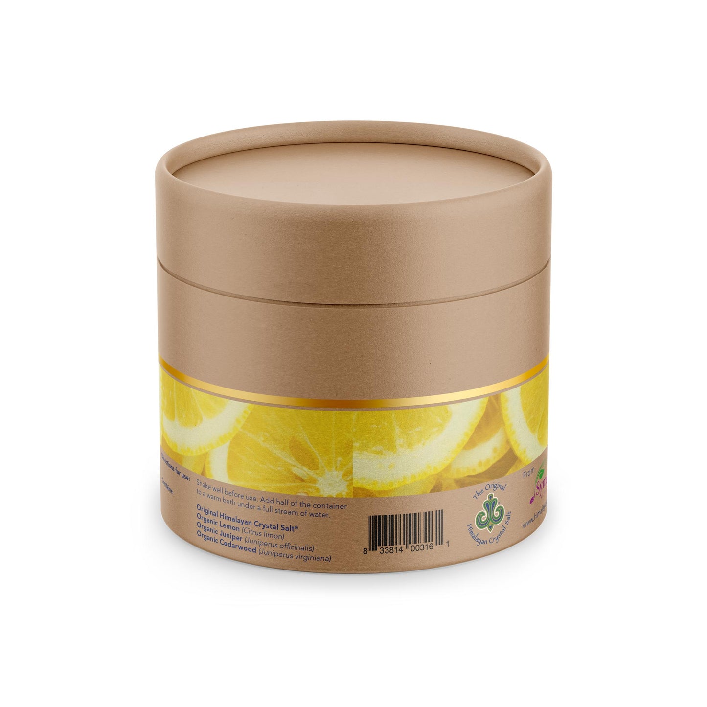 Detox Bath Salts back of tan product box with bands of gold and sliced lemons featuring Himalayan Crystal Salt logo