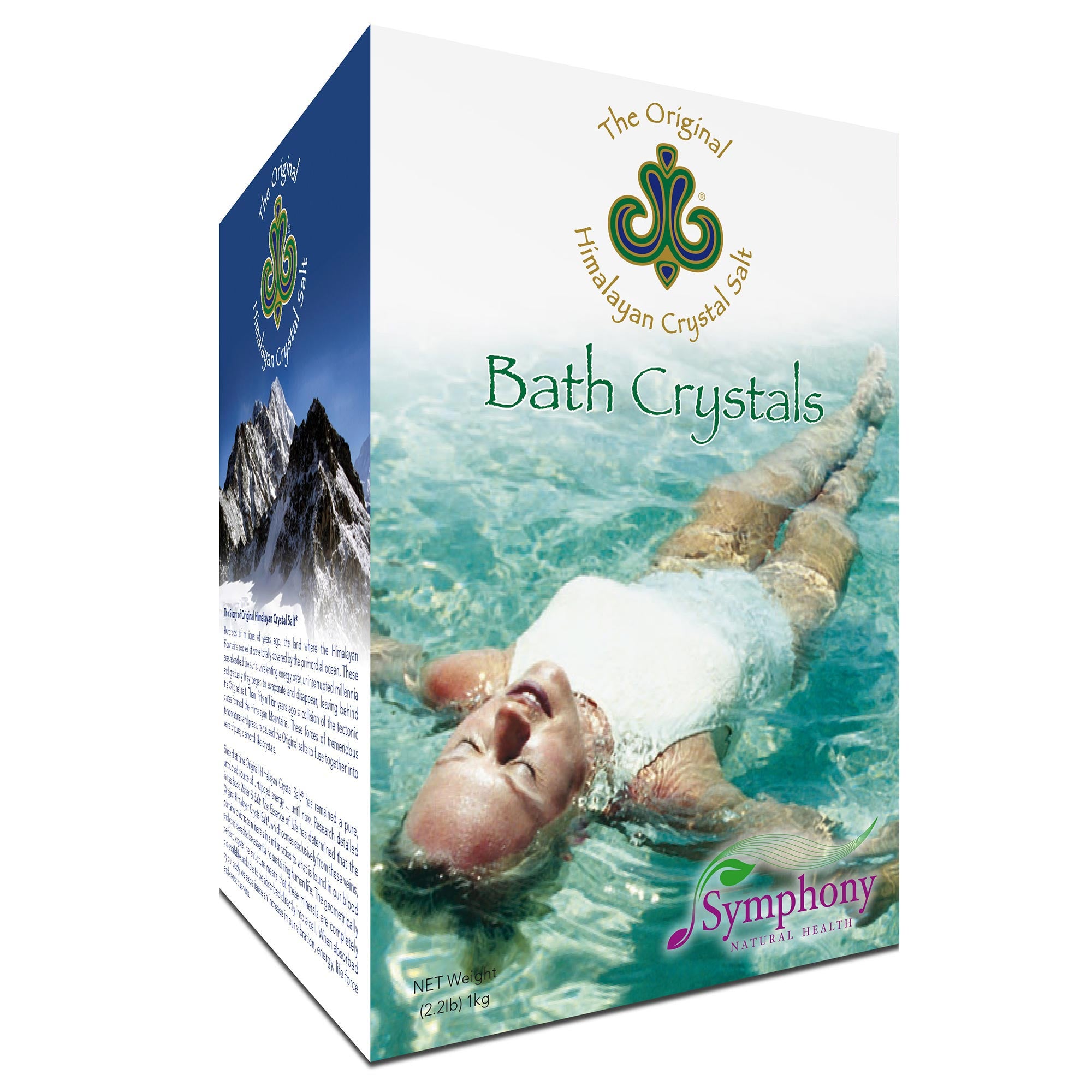 Bath Crystals right-facing product box shows white woman in white swimsuit face up in pool with arms stretch out and legs crossed 