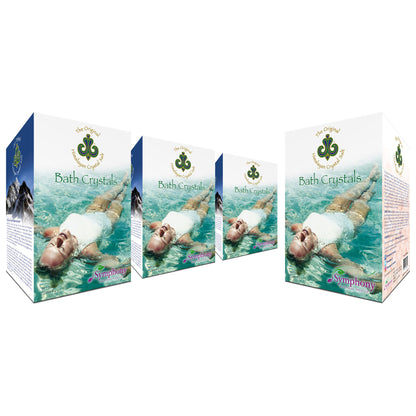 Original Himalayan Crystal Bath Salts Bundle (4 Pack) shows white woman in white swimsuit face up in pool with arms stretch out and legs crossed 