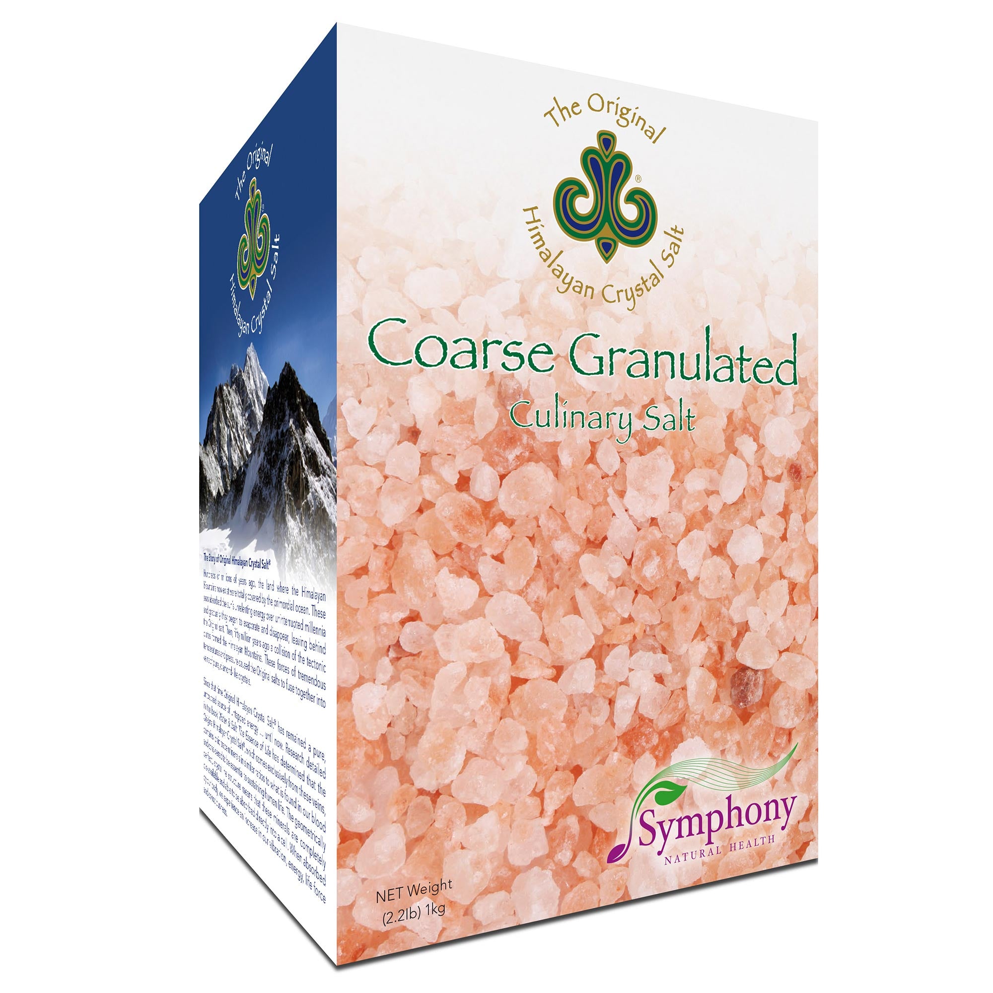 Coarse Granulated Culinary Salt product box right-facing with Himalayan Crystal Salt coarse granulated salt and Himalayan Crystal Salt logo