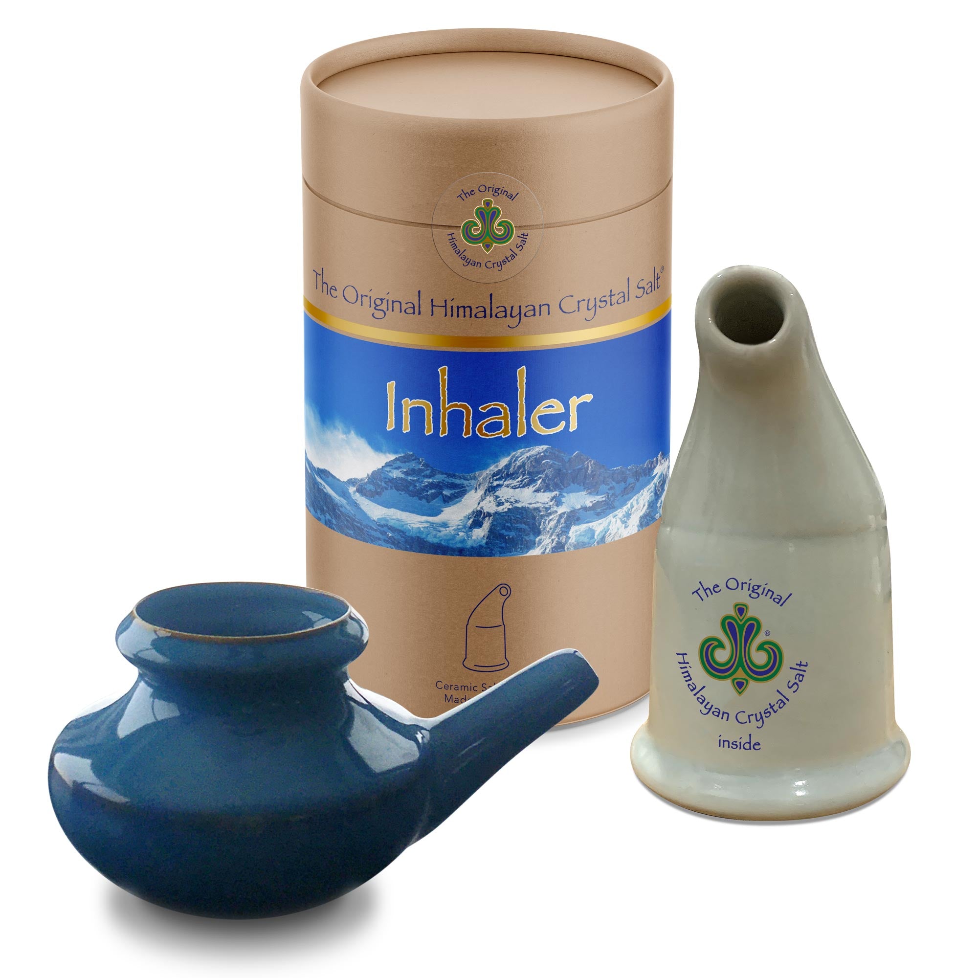 Inhaler + Neti Pot ceramic blue neti pot with brown accents, off-white ceramic inhaler and tan cylindrical box with gold band and snow-capped mountains and blue sky, on white background
