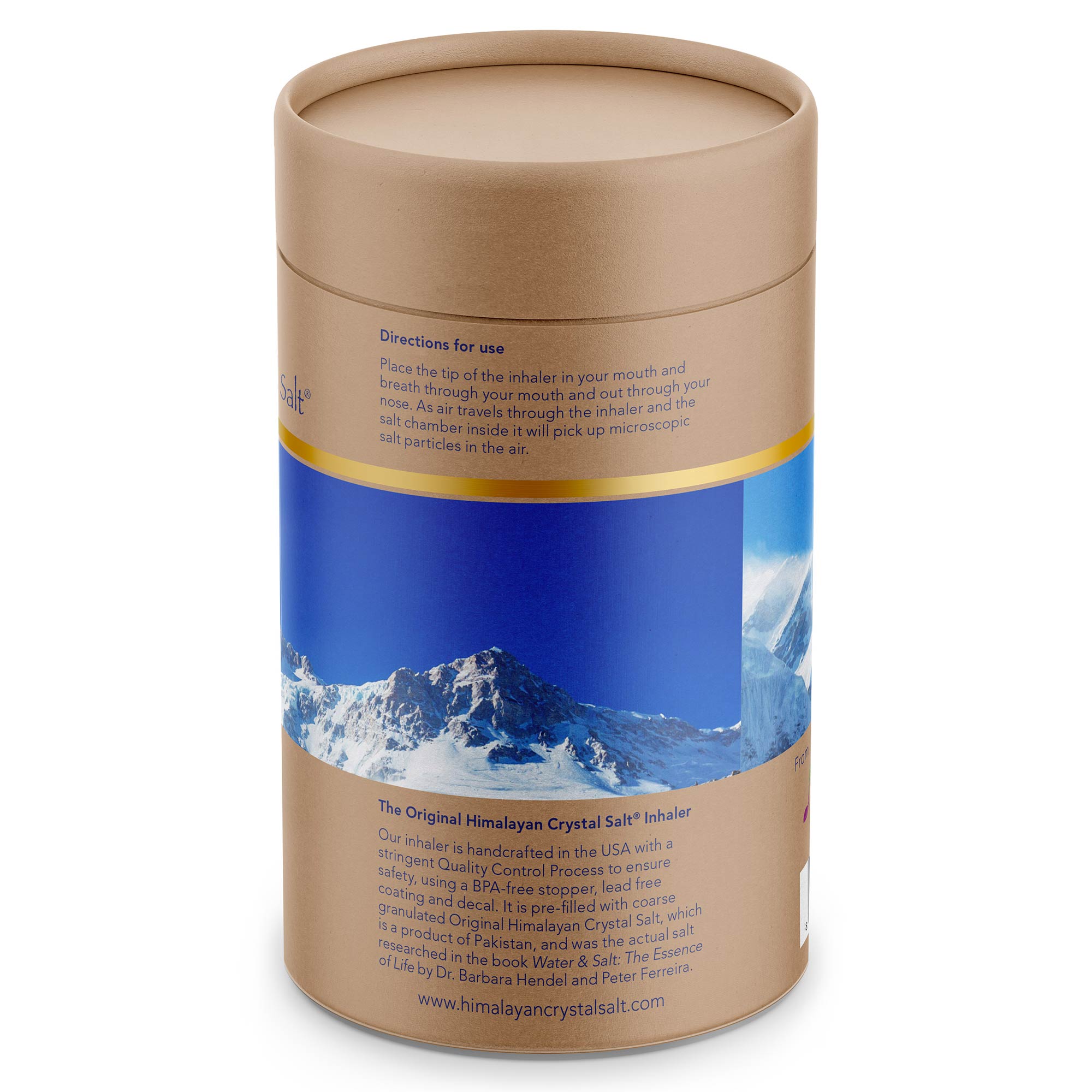 Inhaler + Neti Pot back of product box, tan cylindrical shape with gold band and snow-capped mountains and blue sky, with white background