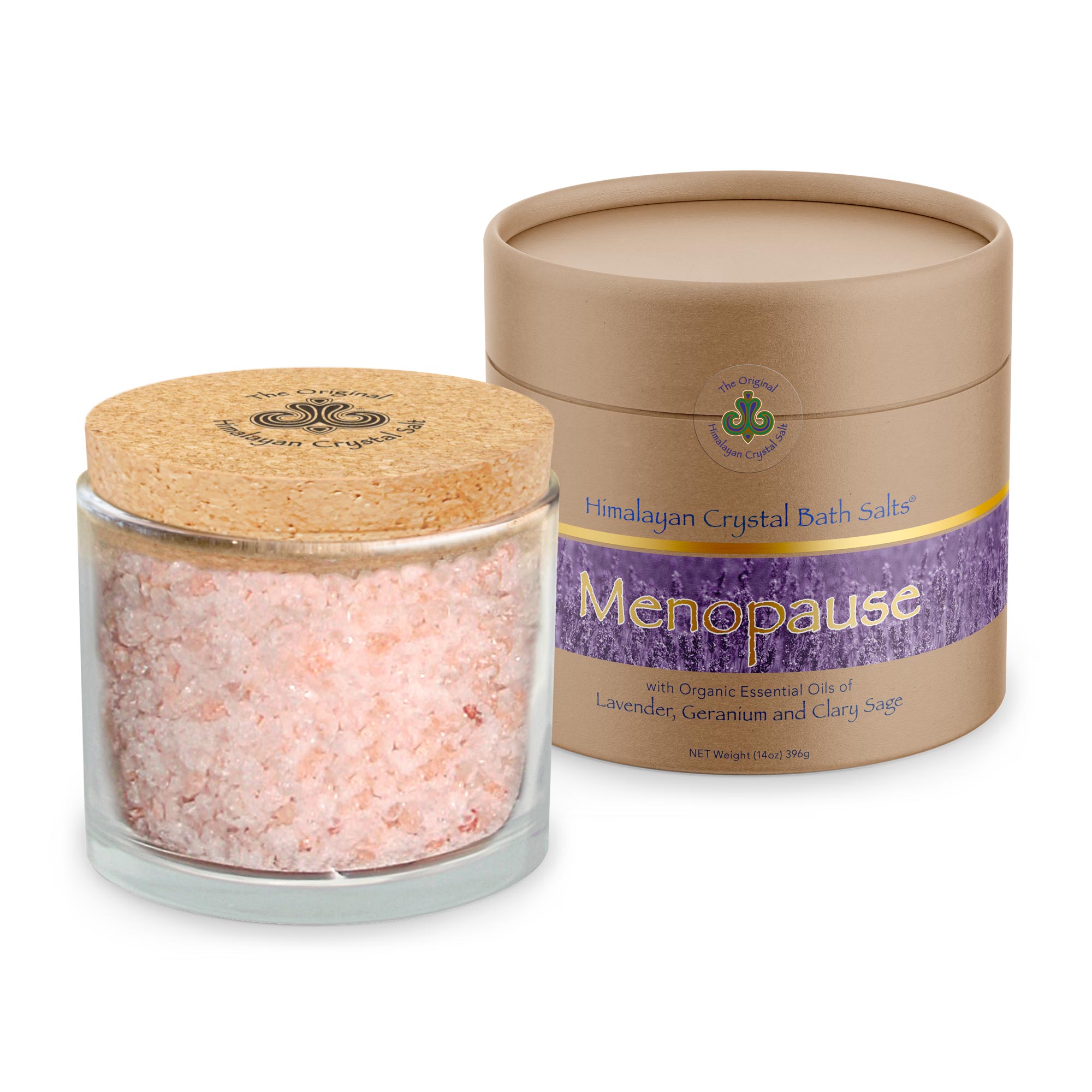Menopause Bath Salts product glass jar filled with Himalayan Crystal Salt, cork cover and tan product box with bands of gold and lavender flowers both featuring Himalayan Crystal Salt logo, on white background