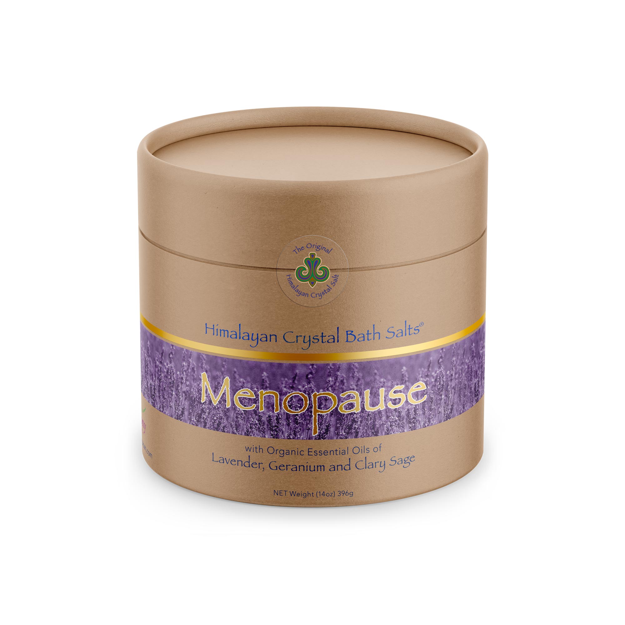 Menopause Bath Salts front of tan product box with bands of gold and lavender flowers featuring Himalayan Crystal Salt logo