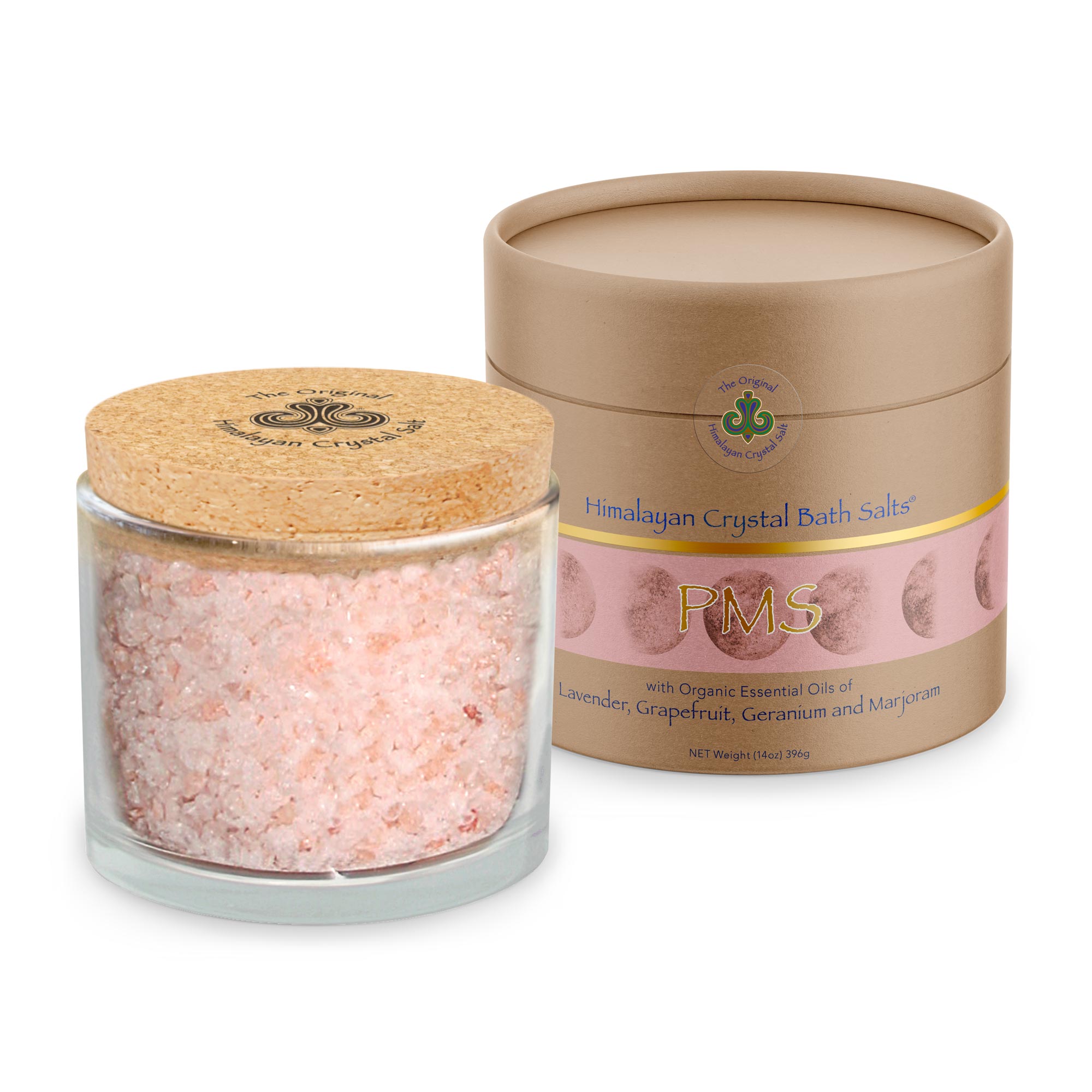 PMS Bath Salts product glass jar filled with Himalayan Crystal Salt stones with salts, cork cover and tan product box with bands of gold and pink, with illustrated phases of the moon both featuring Himalayan Crystal Salt logo, on white background