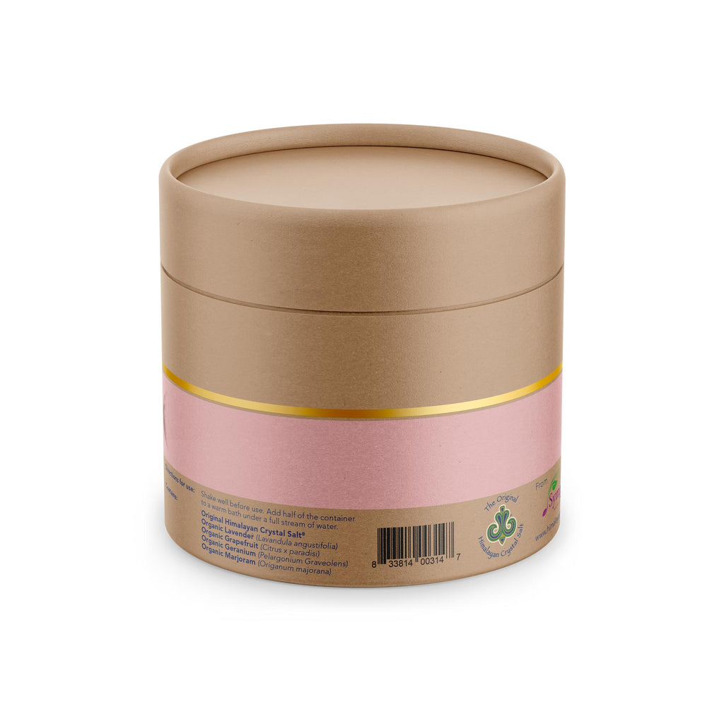 PMS Bath Salts back of tan product box with bands of gold and pink featuring Himalayan Crystal Salt logo