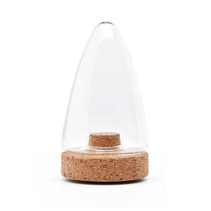 Fine Salt Shaker pointed cylindrical clear glass shaker with cork base, on white background