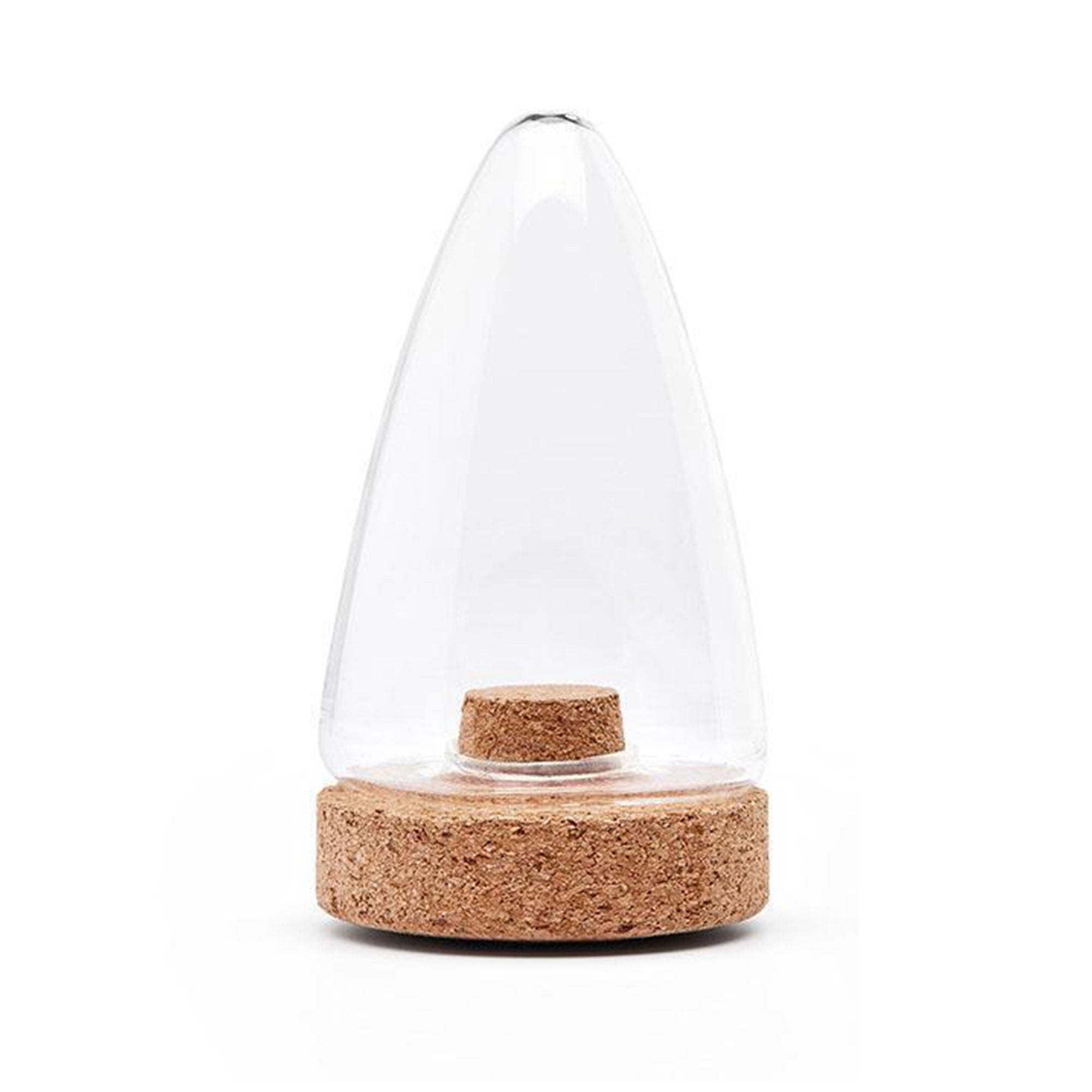 Fine Salt Shaker pointed cylindrical clear glass shaker with cork base, on white background