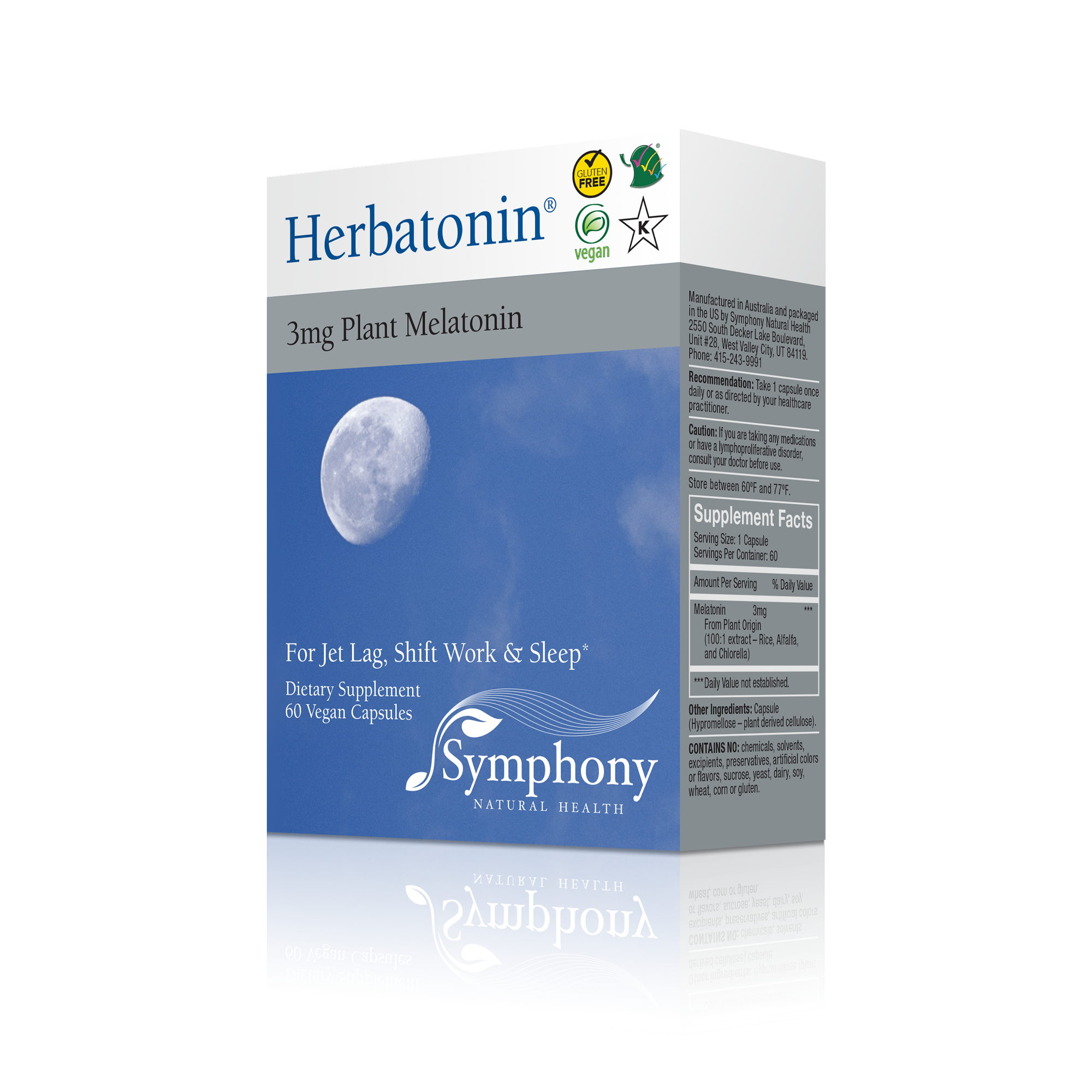 Herbatonin 3mg left-facing front and side of product box Herbatonin blue logo on black background, moon in daylight blue sky and clouds, gluten free, vegan and Kosher logos, symphony logo, supplements facts,  recommendation, caution, supplement facts, manufactured in Australia