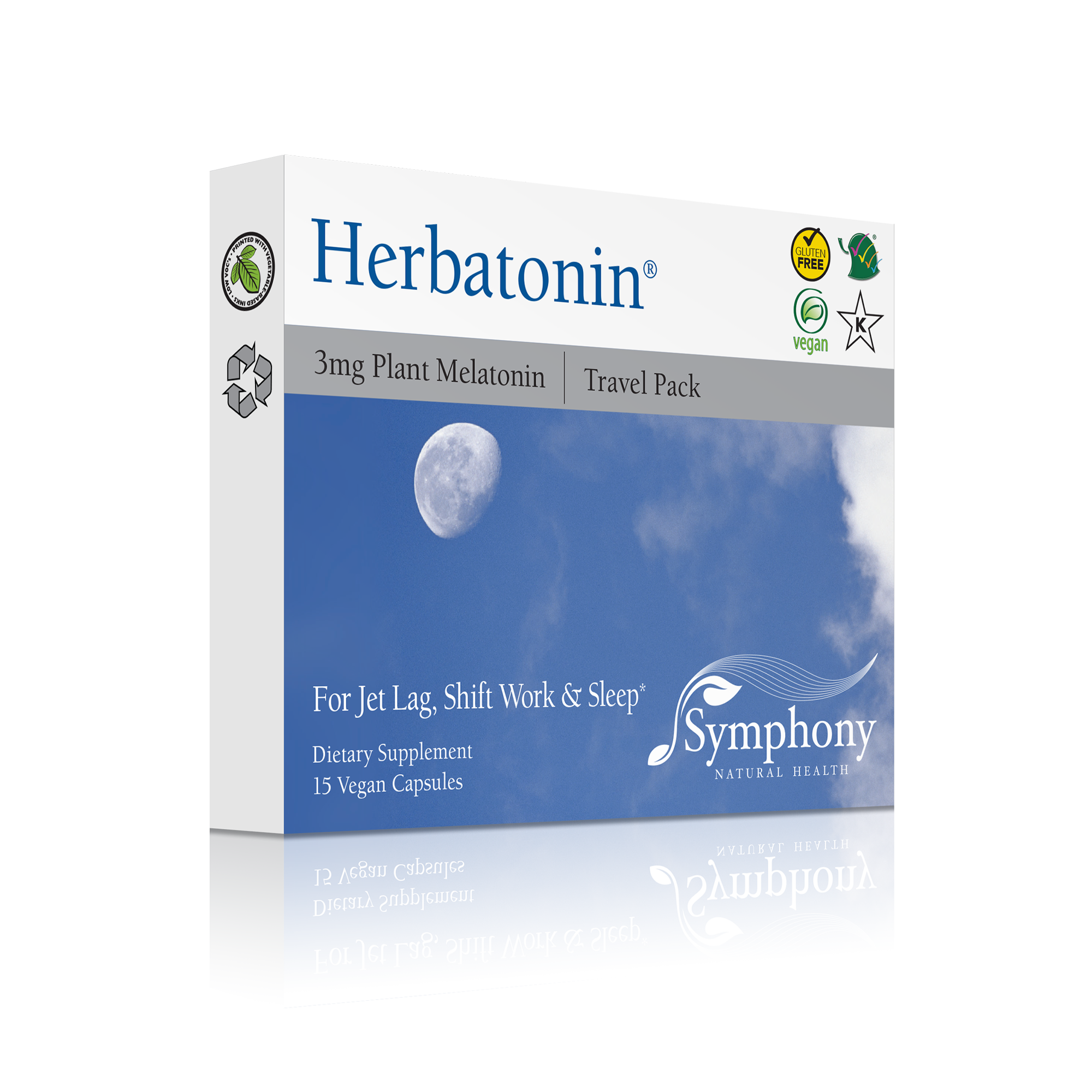 Herbatonin 3mg Travel Pack right-facing front and side of two product boxes Herbatonin blue logo on black background, moon in daylight blue sky and clouds, gluten free, vegan and Kosher logos, symphony logo