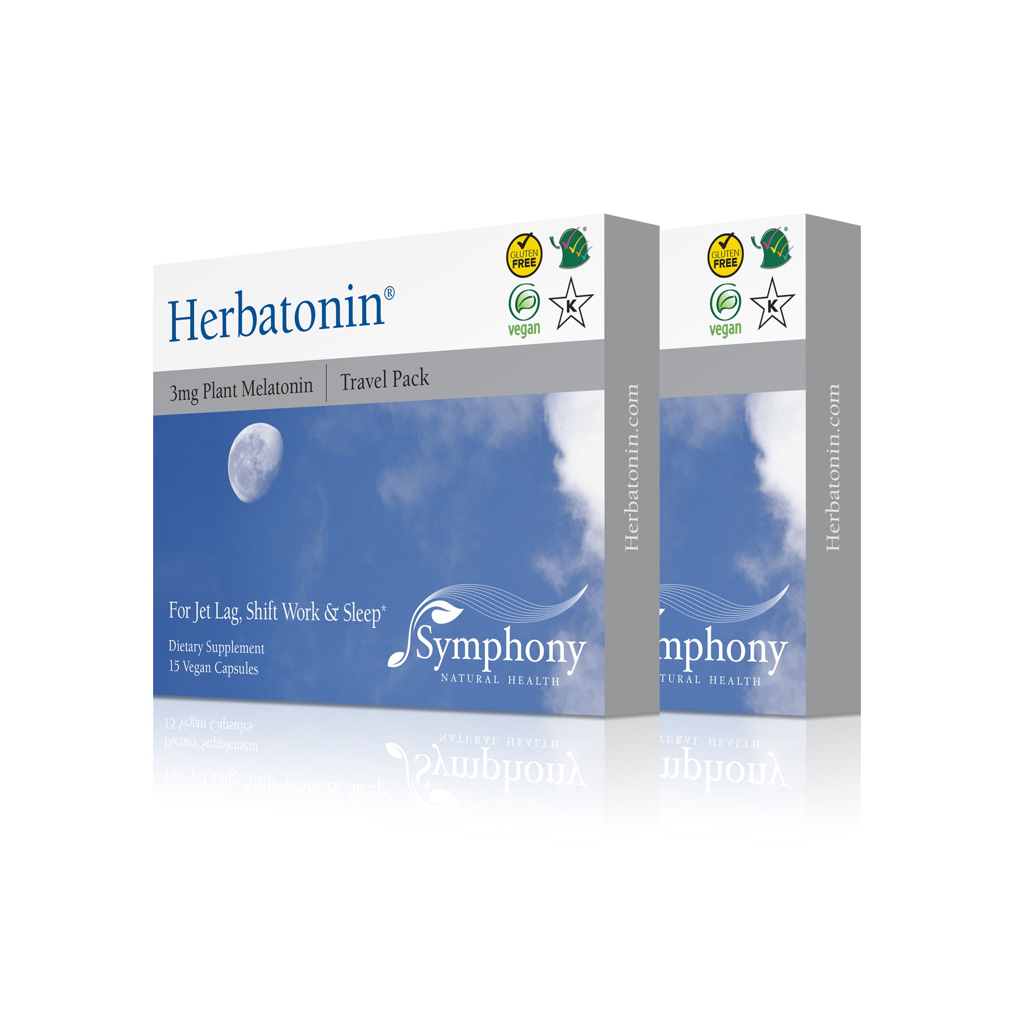 Herbatonin 3mg Travel 2-Pack left-facing front and side of two product boxes Herbatonin blue logo on white background, moon in daylight blue sky and clouds, gluten free, vegan and Kosher logos, symphony logo