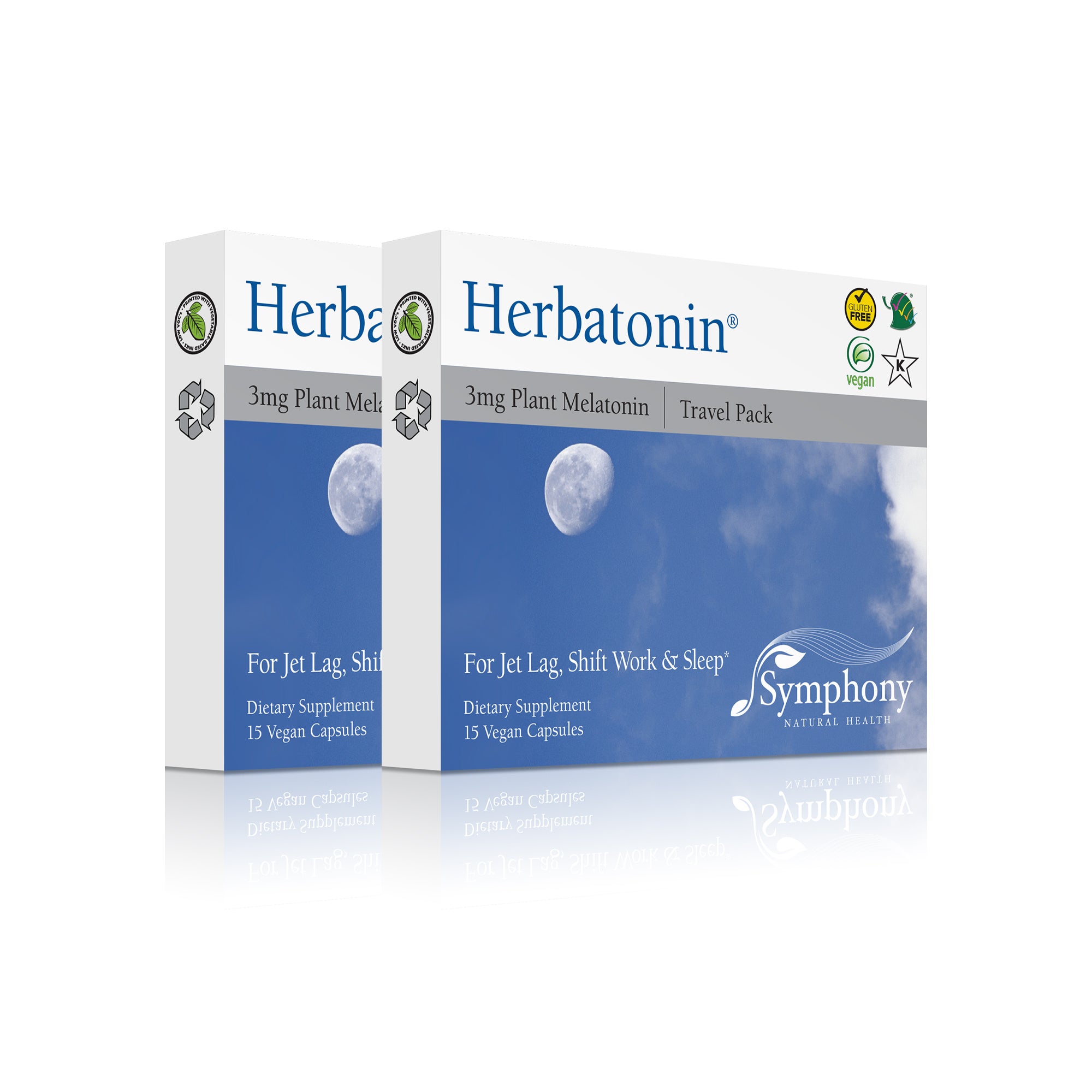 Herbatonin 3mg Travel 2-Pack right-facing front and side of two product boxes Herbatonin blue logo on white background, moon in daylight blue sky and clouds, gluten free, vegan and Kosher logos, symphony logo