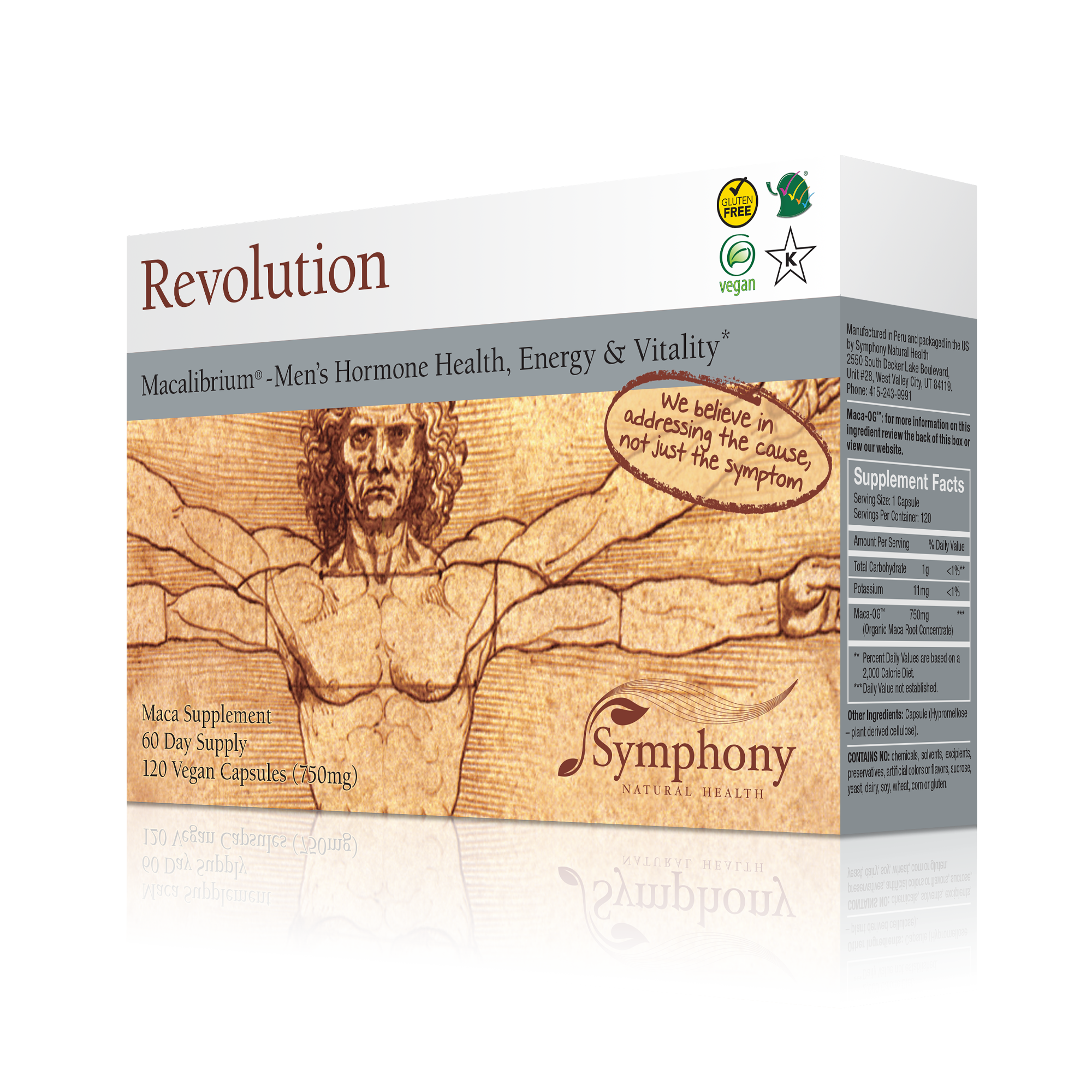 Revolution Macalibrium left-facing product box with Vitruvian Man illustration, we believe in addressing the cause not just the symptom, vegan, gluten free, Kosher, on black background