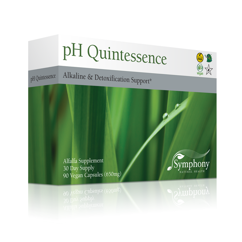pH Quintessence right-facing product box with green leaves with water drops, vegan, gluten free, Kosher