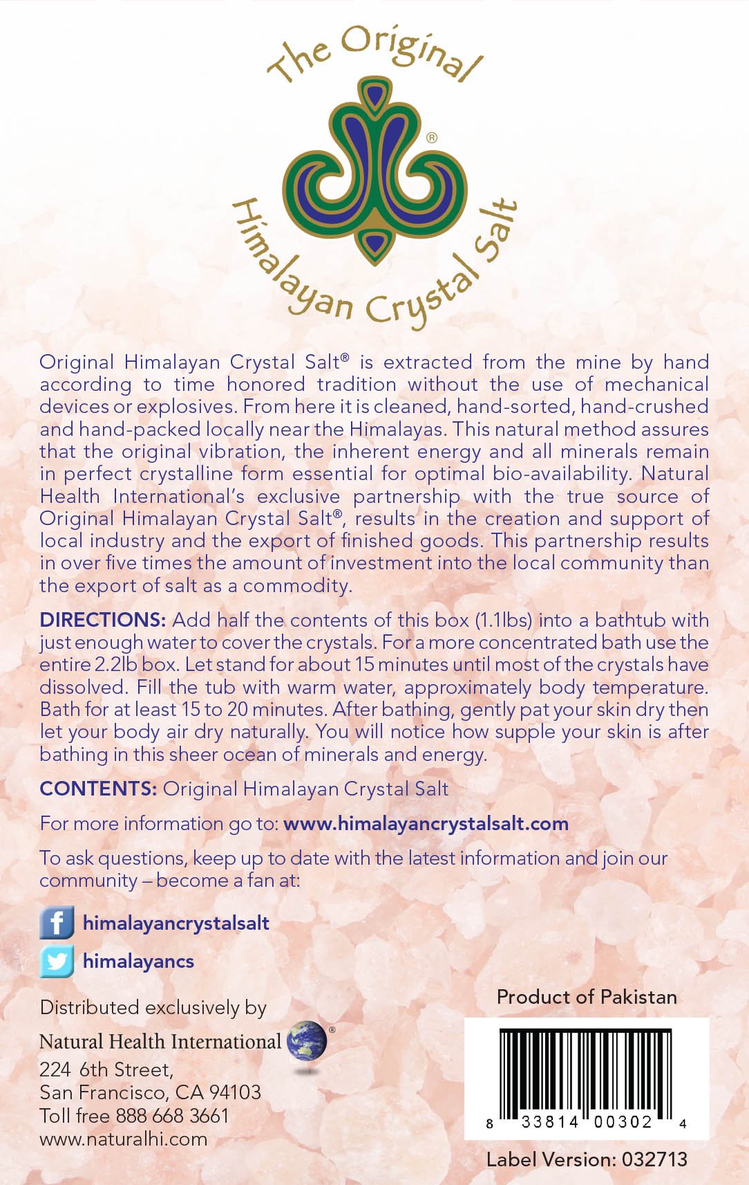 Original Himalayan Crystal Salt is extracted from the wine by hand according to time honored tradition without the use of mechanical devices or explosives. From here it is cleaned, hand-stored, hand-crushed and hand-packed locally near the Himalayas. This Natural method assures that the original vibration, the inherent energy and all minerals remain in perfect crystalline form essential for optimal bio-availability. 