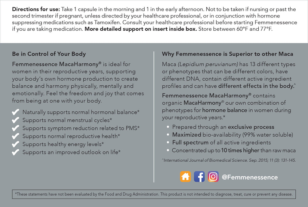 Femmenessence MacaHarmony<br>For Reproductive Health back product box directions for use, black text on whte and gray background, facebook logo, instagram logo with more detailed support in insert inside of box, store between 60°F and 77°F