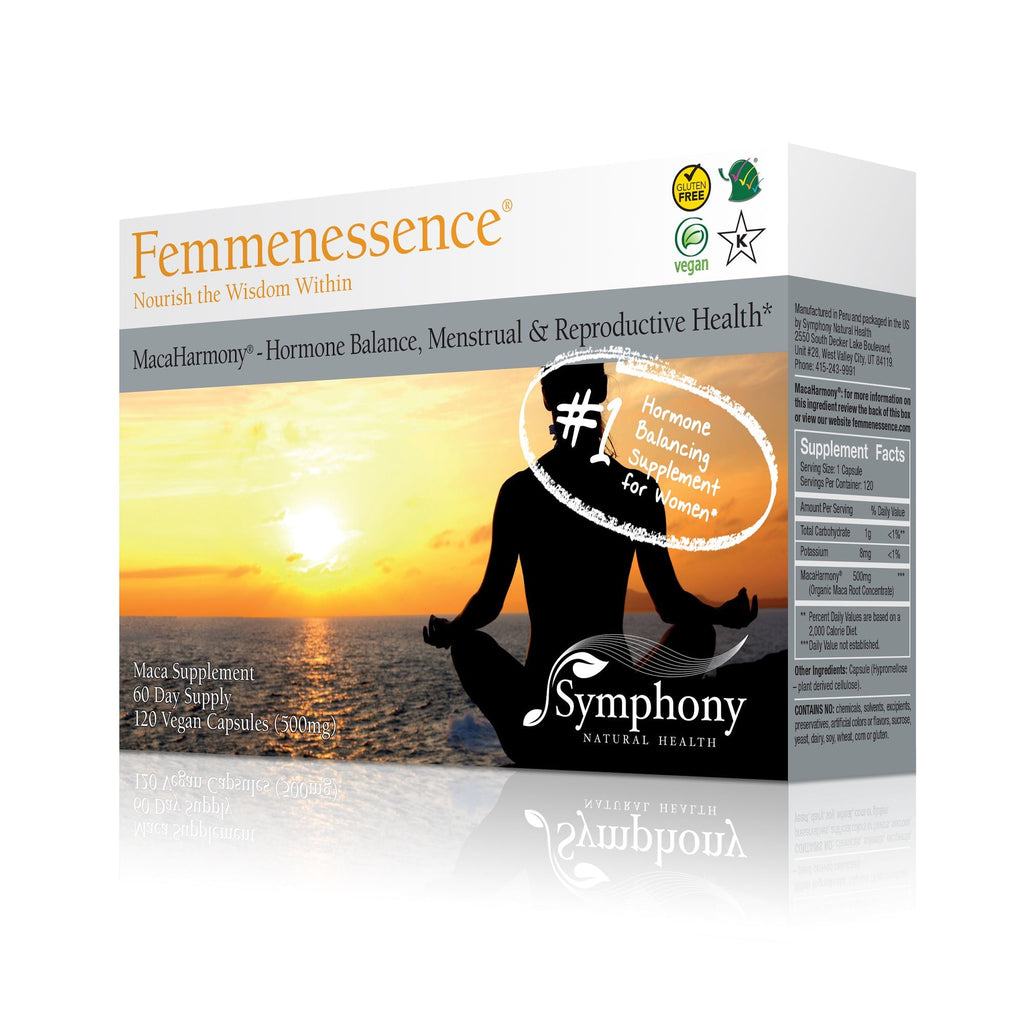 Femmenessence MacaHarmony<br>For Reproductive Health left-facing front and side of product box showing silhouette of woman facing horizon at sunset