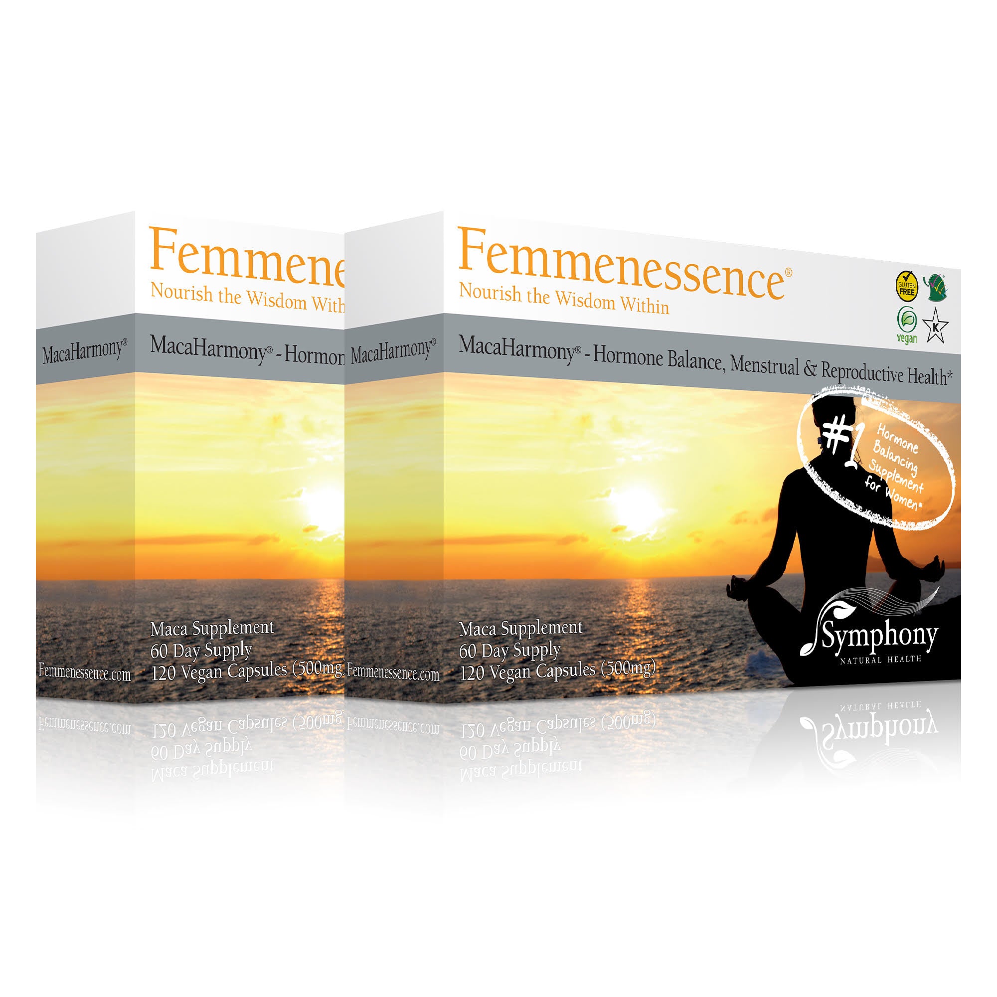 Femmenessence MacaHarmony<br>For Reproductive Health<br>2-Pack right-facing front and side of two product boxes showing silhouette of woman facing horizon at sunset