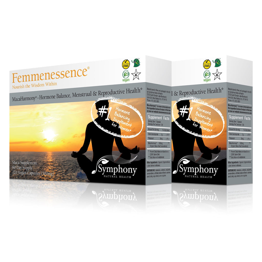 Femmenessence MacaHarmony<br>For Reproductive Health<br>2-Pack left-facing front and side of two product boxes showing silhouette of woman facing horizon at sunset