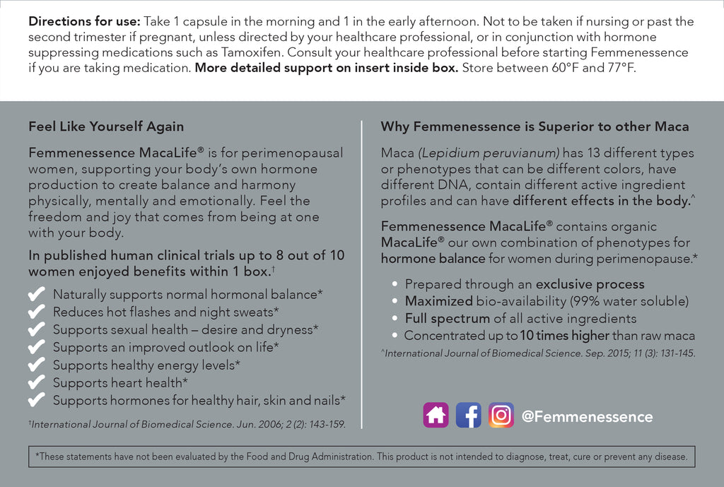 Femmenessence MacaLife<br>For Perimenopause back product box directions for use, black text on whte and gray background, facebook logo, instagram logo with more detailed support in insert inside of box, store between 60°F and 77°F