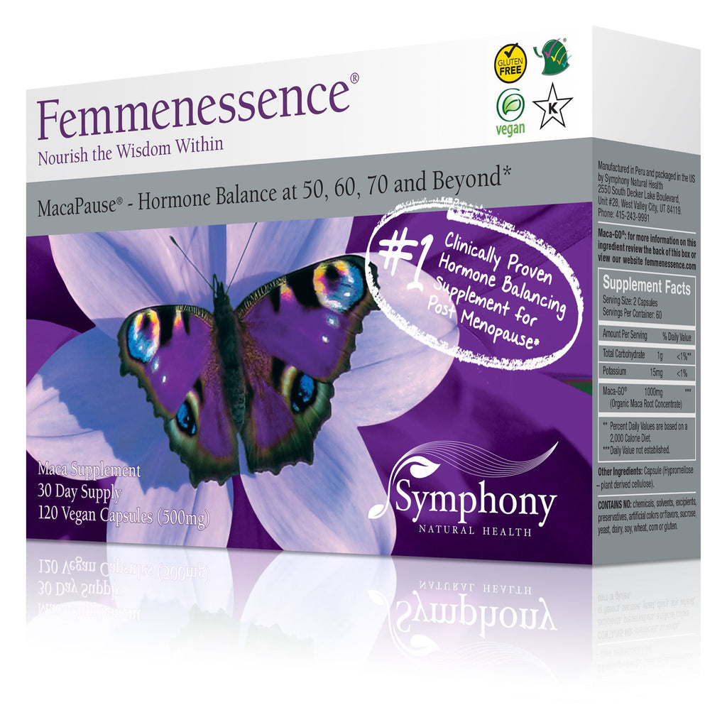 Femmenessence MacaPause <br>For Post Menopause left-facing front and side of product box showing purple butterfly on light purple and dark purple flower, box against white reflective background