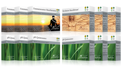 Fertility Preconception Pack product boxes three MacaHarmony boxes showing silhouette of woman facing horizon at sunset, three Revolution Macalibrium with Vitruvian Man illustration, we believe in addressing the cause not just the symptom, six ph Quintessence with green leaves with water drops, vegan, gluten free, Kosher, on black background