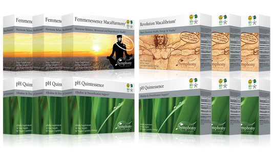 Fertility Preconception Pack product boxes three MacaHarmony boxes showing silhouette of woman facing horizon at sunset, three Revolution Macalibrium with Vitruvian Man illustration, we believe in addressing the cause not just the symptom, six ph Quintessence with green leaves with water drops, vegan, gluten free, Kosher, on black background