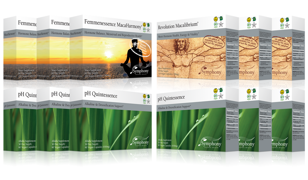 Fertility Preconception Pack product boxes three MacaHarmony boxes showing silhouette of woman facing horizon at sunset, three Revolution Macalibrium with Vitruvian Man illustration, we believe in addressing the cause not just the symptom, six ph Quintessence with green leaves with water drops, vegan, gluten free, Kosher, on black background