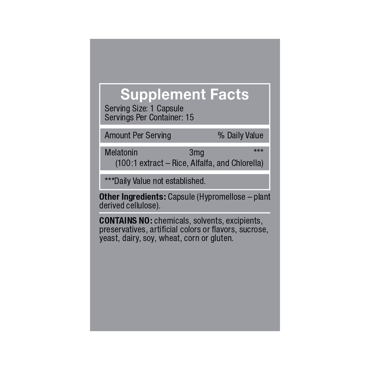 Herbatonin 3mg Travel Pack side panel product box supplement facts, white/black text on dark gray background: Serving size 1 capsule, servings per container 15, melatonin 3mg from plant origin (100:1 extract rice, alfalfa, and chlorella), other ingredient is capsule (hypromellose-plant derived cellulose), contains no chemicals, solvents, excipients, preservatives, artificial colors or flavors, sucrose, yeast, dairy, soy, wheat, corn or gluten