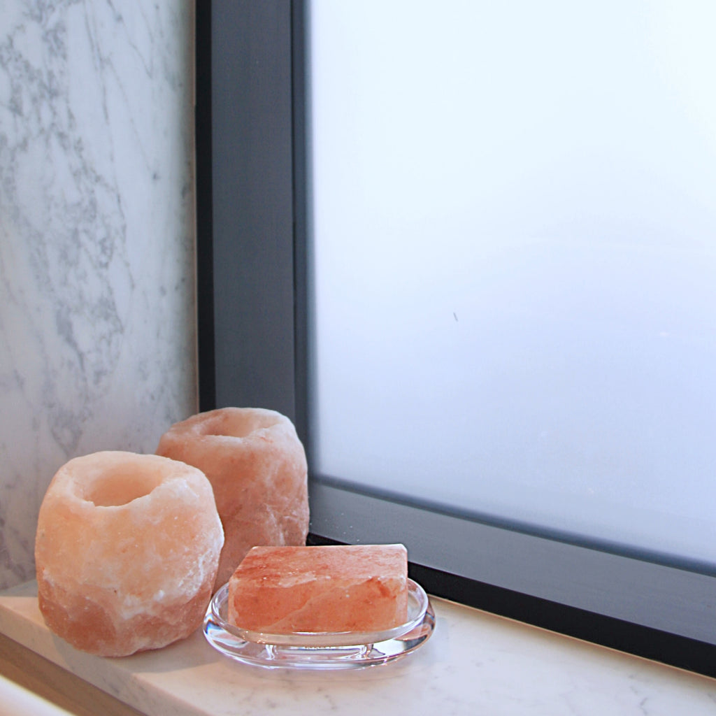 Deo-Bar (3 Pack) in soap tray with salt votives on window sill
