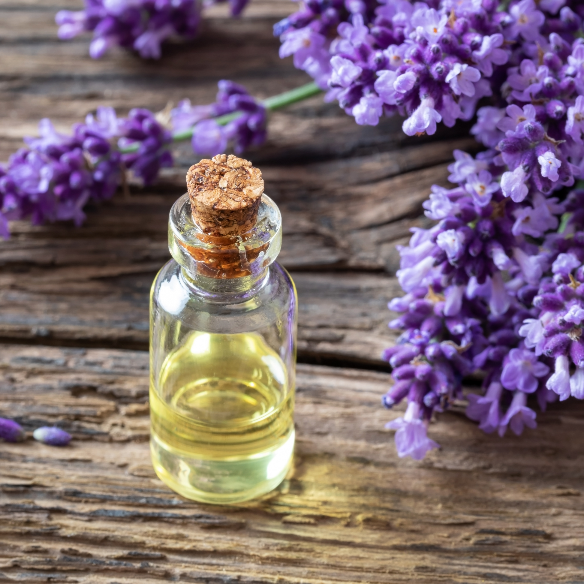 Rejuvenate Bath Salts glass bottle with cork stopper filled with oil, and purple flowers next to it, on wood surface