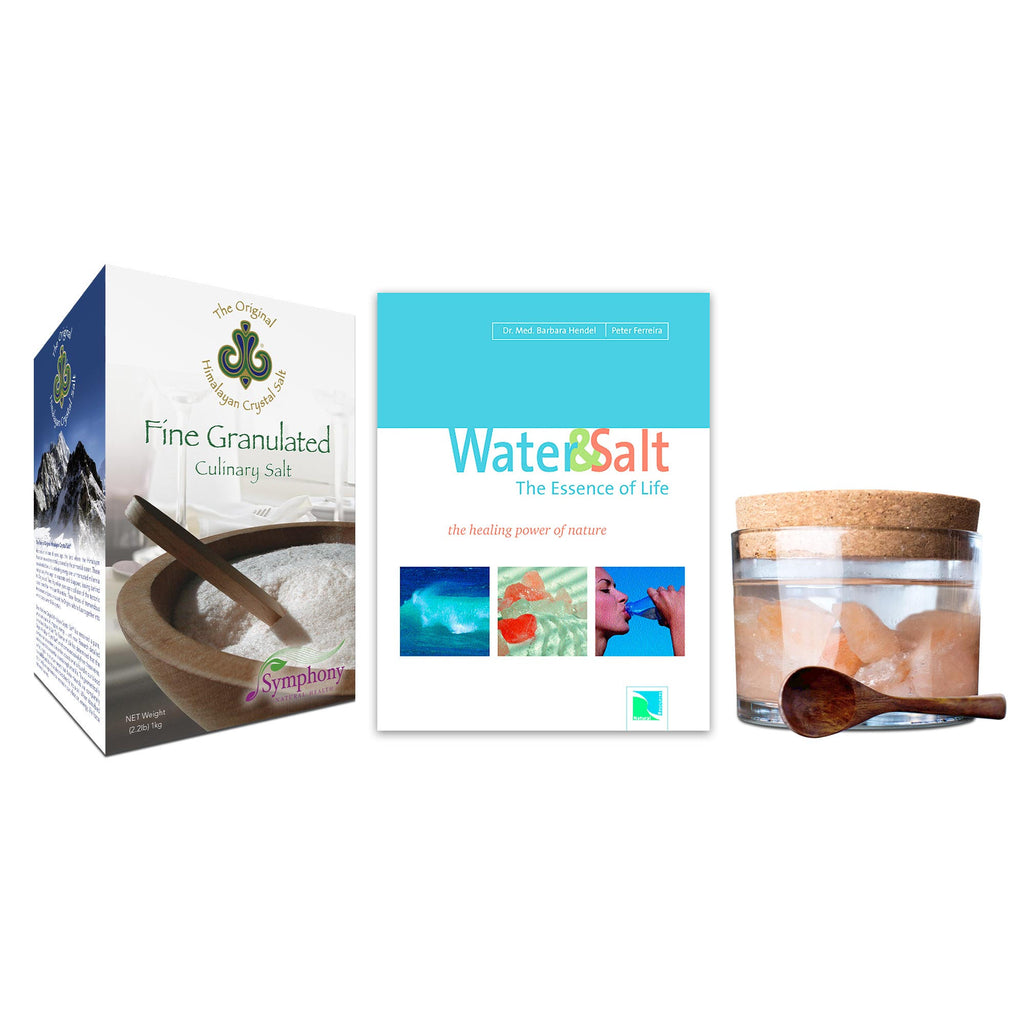 Fine Granulated Culinary Salt product box showing wooden bowl filled with salt and spoon, turquoise and white Water & Salt The Essence of Life Book showing blue ocean, salt stones and woman drinking water from clear bottle, and Sole Himalayan Crystal Salt Stones in glass jar with leaning wooden spoon
