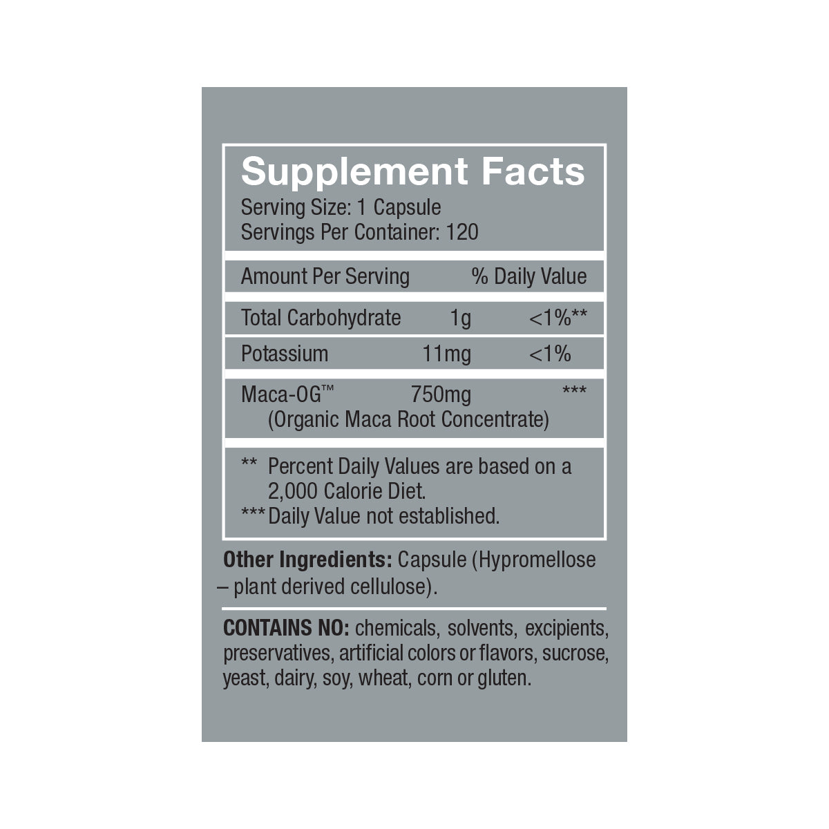 Revolution Macalibrium side panel product box supplement facts, white/black text on dark gray background: Serving size 1 capsule, servings per container 120, Amount Per Serving % Daily Value, Total Carbohydrate 1g <1%**, Potassium 11mg <1% Maca-OG™ (Organic Maca Root Concentrate) 750mg ***Other ingredient: capsule (Hypromellose—plant derived cellulose), contains no: chemicals, solents, ecipients, preservatives, artificial colors or flavors, sucrose, yeast, dairy, soy, wheat, corn or gluten