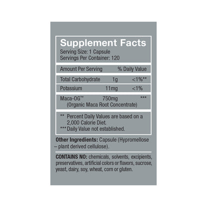 Revolution Macalibrium side panel product box supplement facts, white/black text on dark gray background: Serving size 1 capsule, servings per container 120, Amount Per Serving % Daily Value, Total Carbohydrate 1g <1%**, Potassium 11mg <1% Maca-OG™ (Organic Maca Root Concentrate) 750mg ***Other ingredient: capsule (Hypromellose—plant derived cellulose), contains no: chemicals, solents, ecipients, preservatives, artificial colors or flavors, sucrose, yeast, dairy, soy, wheat, corn or gluten