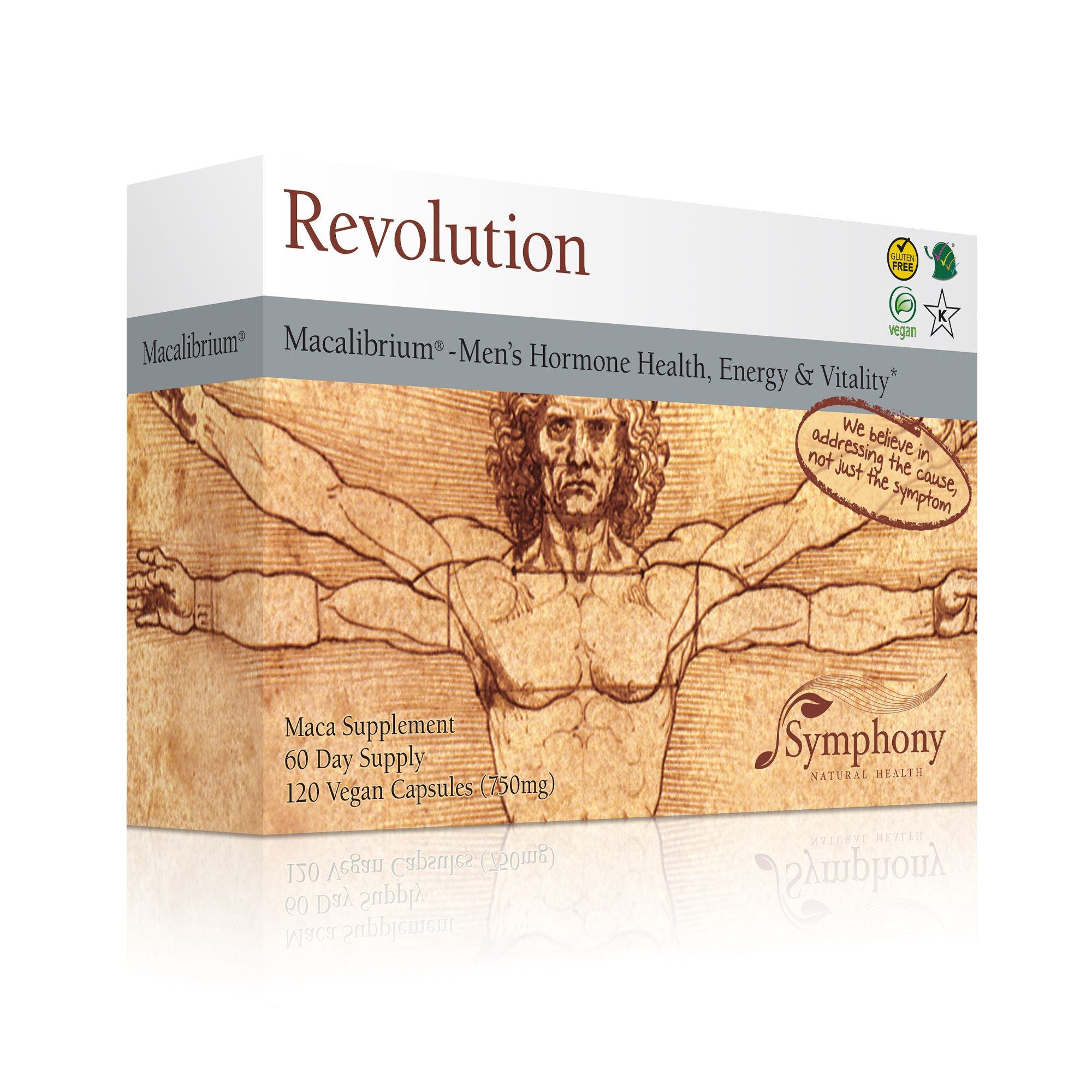 Revolution Macalibrium right-facing product box with Vitruvian Man illustration, we believe in addressing the cause not just the symptom, vegan, gluten free, Kosher, on white background