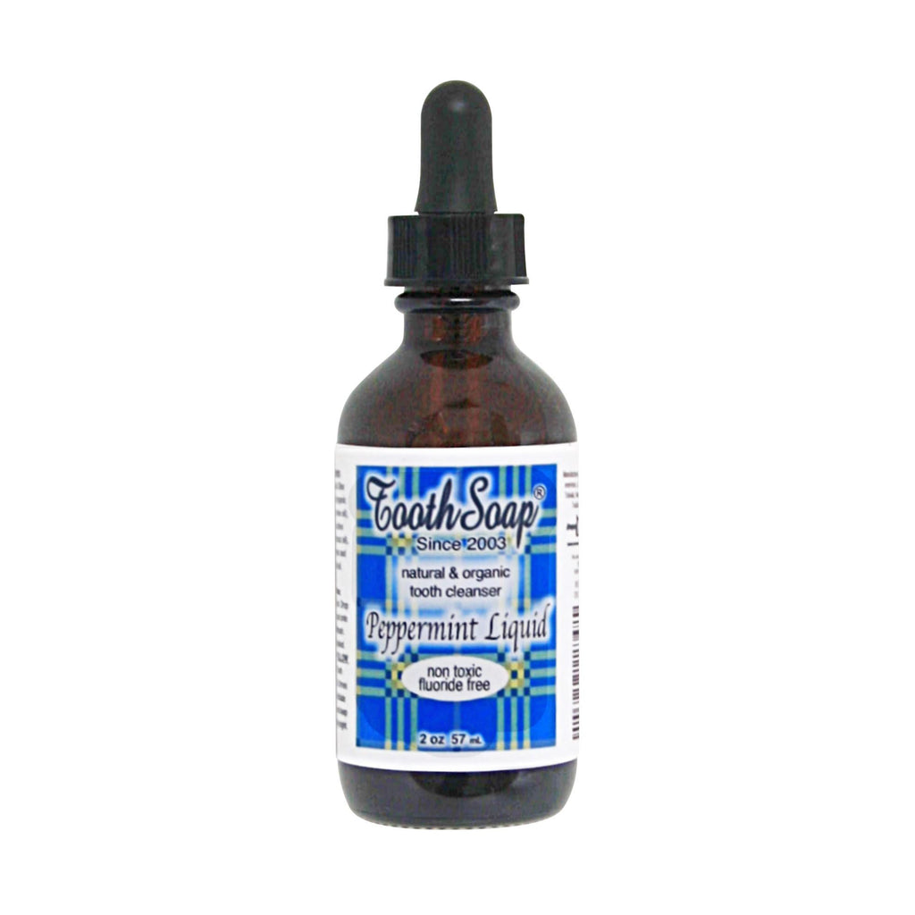 Peppermint Tooth Soap brown bottle with black dropper top and blue and white label