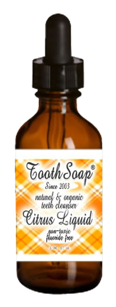 Citrus Tooth Soap brown bottle with black dropper top with orange and yellow and white label