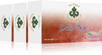 Deo-Bar (3 Pack) right-facing three product boxes with enlarged salt stones on front, and himalayan crystal salt logo, with black background