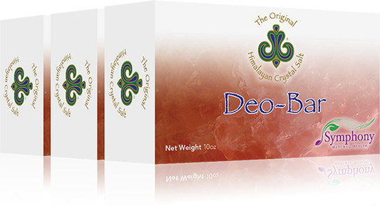 Deo-Bar (3 Pack) right-facing three product boxes with enlarged salt stones on front, and himalayan crystal salt logo, with black background